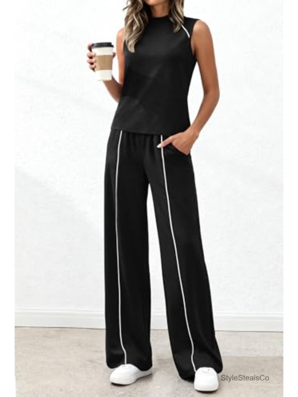 Mock Neck Sleeveless Tank Top and Wide Leg Pants Two Piece Lounge Set - Picture 3 of 6